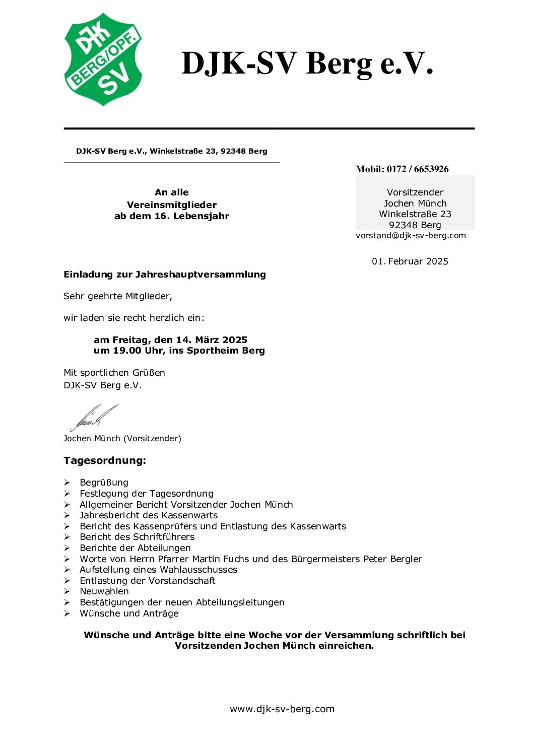 Herzliche Einladung zur Jahreshauptversammlung