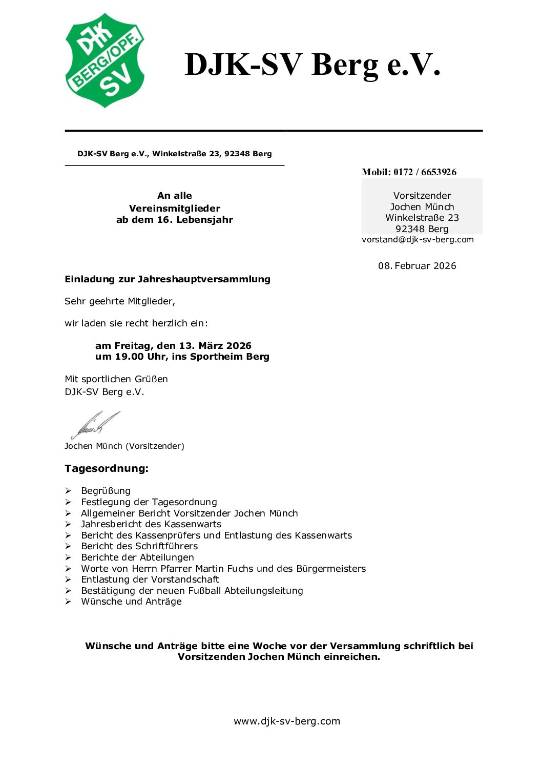 Herzliche Einladung zur Jahreshauptversammlung