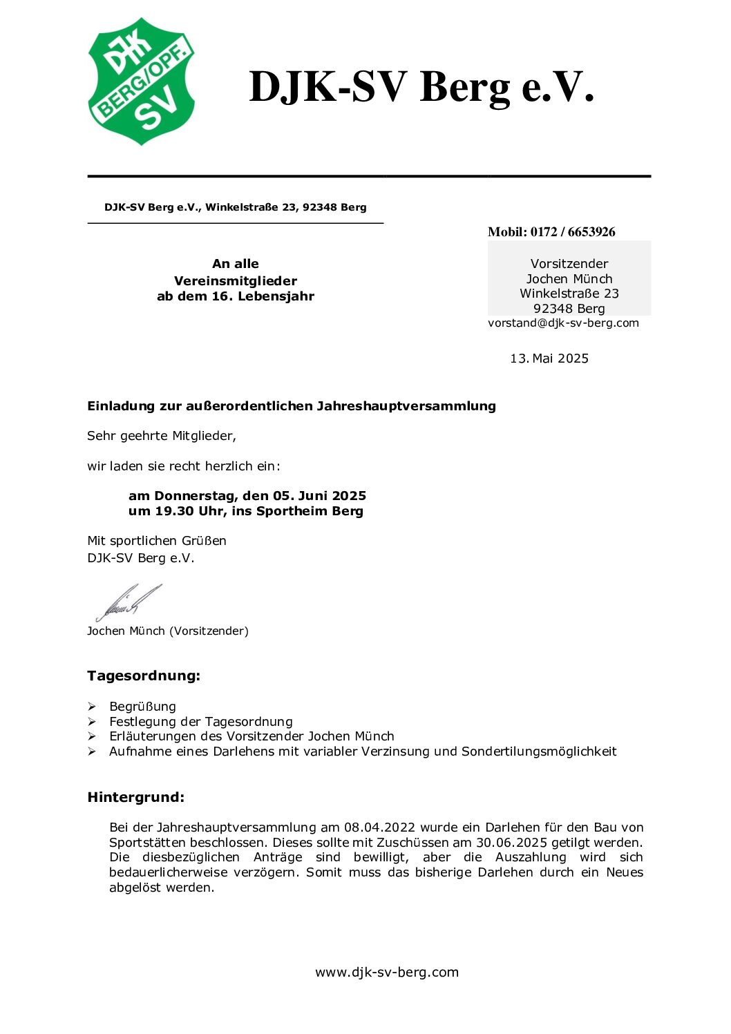 Einladung zur außerordentlichen Jahreshauptversammlung